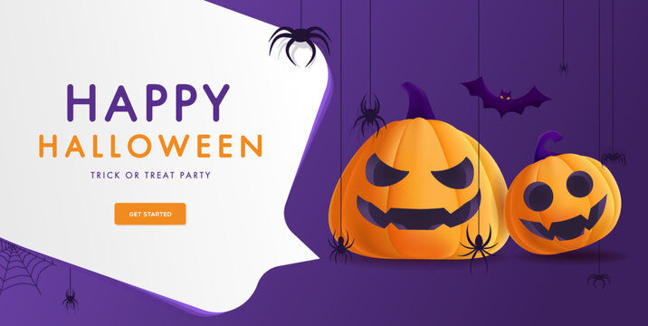 Happy halloween banner with illustration of realistic pumpkins with faces.