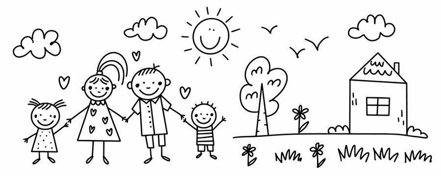 Children's drawing family. Illustration in the style of happy family doodles.