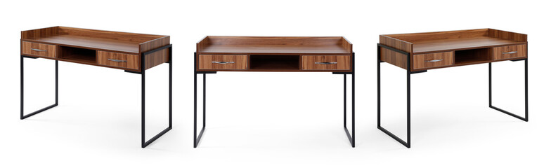 Metal desk and shelf isolated on white background .different angle 