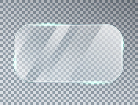 Glass window texture. Bright screen mockup. Glossy mirror panel. Plastic plate. Digital frame. Clear button. Square tag and badge. Shiny framework. Light rectangle banner. Vector illustration