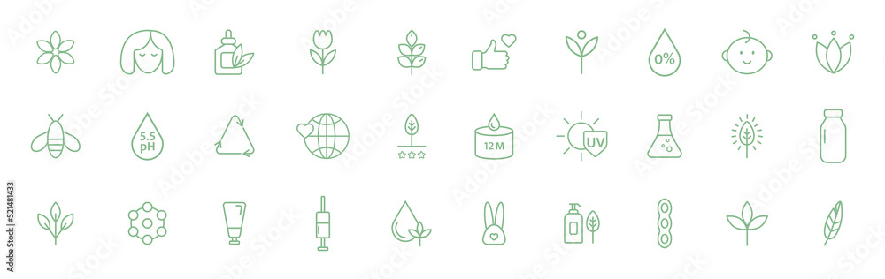 Wall mural Natural, organic cosmetic line icons. Vegan food. Skincare pictogram. Product free allergen label. GMO free emblem. Biodegradable sticker. Healthy eating. Handmade ecology symbol. Vector illustration