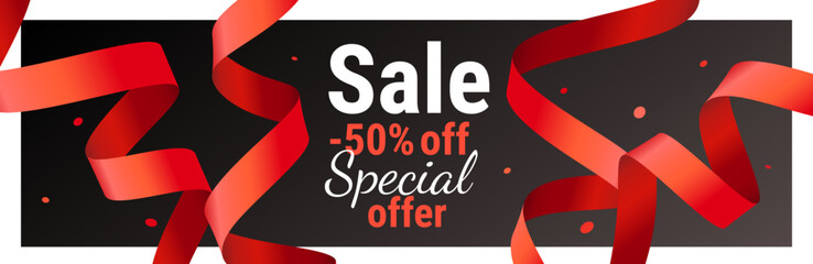 Vector sale illustration with red ribbon and frame. Beautiful holiday template design with for sale banner