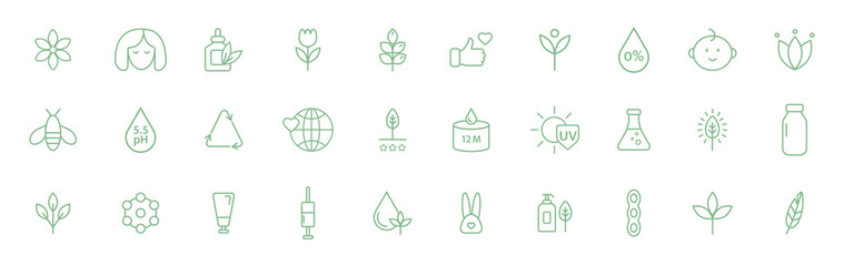 Natural, organic cosmetic line icons. Vegan food. Skincare pictogram. Product free allergen label. GMO free emblem. Biodegradable sticker. Healthy eating. Handmade ecology symbol. Vector illustration