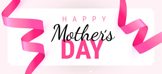 Vector holiday illustration with pink curled ribbon and text happy Mother's day. Romantic template design with text and confetti for Mother's day greeting card
