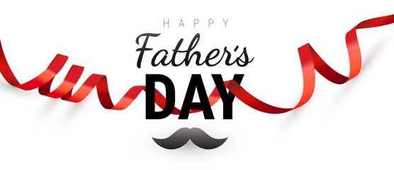 Vector holiday illustration with red curled ribbon and text happy Father's day. Template design with text and mustache for Father's day greeting card