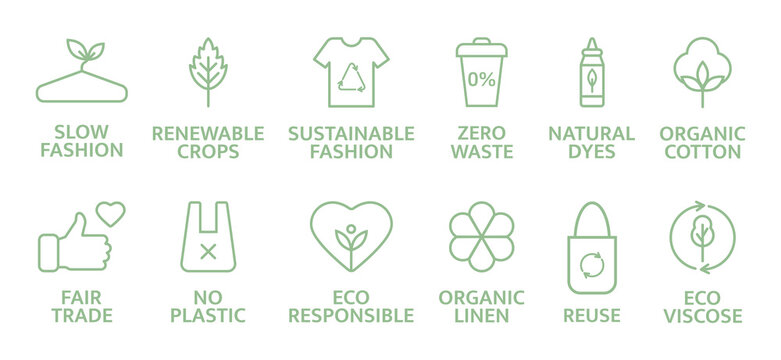 Sustainable clothes line icon set. Eco viscose product logo. Slow fashion badge. Organic cotton, natural dyes, renewable crop label. Fair trade. Conscious development. Zero waste. Vector illustration