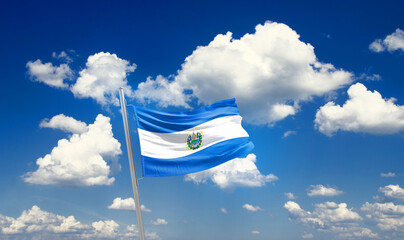 El Salvador national flag cloth fabric waving on the sky - Image - obrazy, fototapety, plakaty