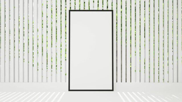 white interior mockup black picture frame on wooden planks and trees behind background,minimalism,