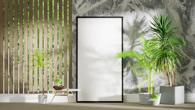 interior mockup picture frame on marble wall and wooden planks background,minimalism, house tropical plants