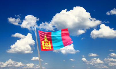 Mongolia national flag cloth fabric waving on the sky - Image