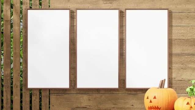 pumpkin, halloween,interior mockup three picture frames on wooden wall,minimalism,small table and house plants,