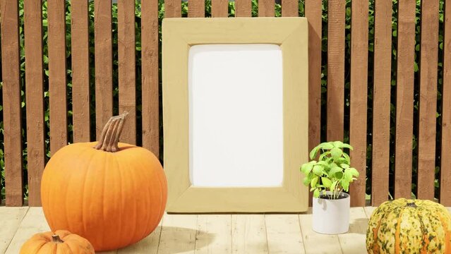 pumpkin, halloween interior mockup picture frame on wooden wall background,minimalism, and house plants.