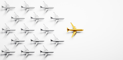 Golden leader airplane in a crowd of many white airplanes - being different concept - 3D illustration © peterschreiber.media