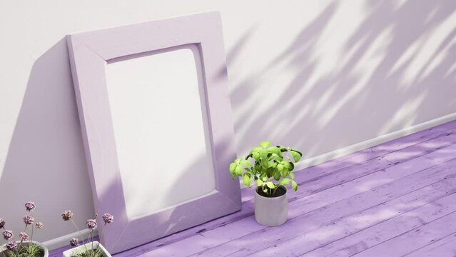 picture frame mockup,white wall copy space background with house plants on the wooden floor,lavander color