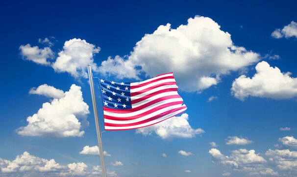 US national flag cloth fabric waving on the sky - Image