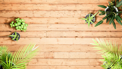 wooden brown floor copy space background with tropical house plants ,top view
