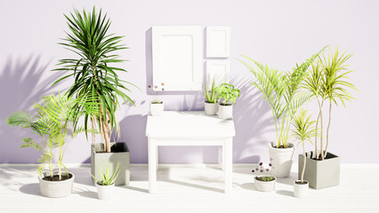 interior mockup picture frames on the lavander wall background, house plants and white table,minimalism