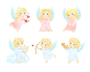 Fototapeta na wymiar Little angels boys and girls. Religious Catholic Clipart, Set of Watercolor Illustrations