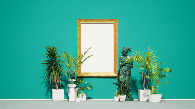 Golden classical picture frame on the green wall mockup,tropical plants and antique marble Venus statue, luxury museum interior