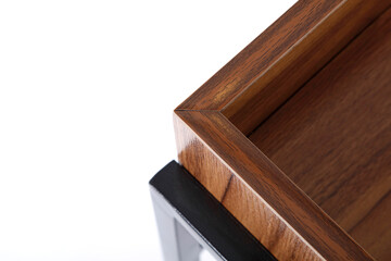 Details of wood and metal. Metal shelf