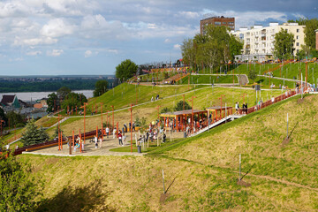 Nizhny Novgorod, Russia - June 18, 2022. Park of the 800th anniversary of Nizhny Novgorod. New recreation area after reconstruction - 521484209