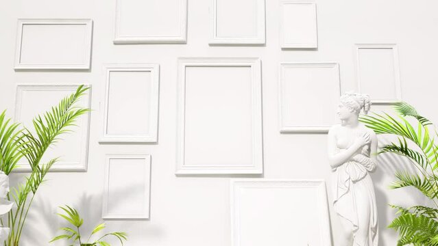 interior mockup picture frames on the white wall background, tropical house plants ,minimalism,zoom in