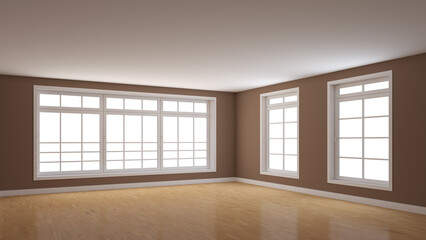 Empty Corner of the Room with Brown Walls, Three Windows, Light Glossy Parquet Flooring and a White Plinth. Perspective View. 3d render with a Work Path on the Windows. 8K Ultra HD, 7680x4320, 300 dpi