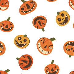 Halloween vector seamless pattern. Creepy jack-o-lanterns, pumpkins with burning eyes, and spooky smiles.