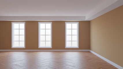 Empty Interior with Beige Walls, White Ceiling and Conrnice, Three Large Windows, Herringbone Parquet Flooring and a White Plinth. Beautiful Concept of the Room, 3D Rendering. Ultra HD 8K 7680x4320