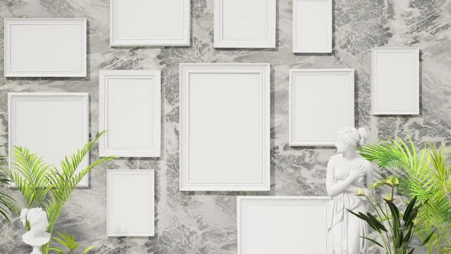 interior mockup picture frames on the marble wall background, tropical house plants ,minimalism. zoom out