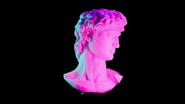 the head of an ancient sculpture of David looped rotating animation, a modern dual pink blue lighting, contemporary art element,isolated,black background