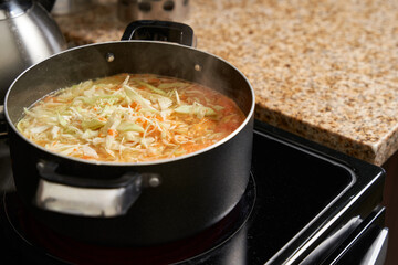 Unrecognizable woman hands cooking cabbage, prepares home made coleslaw