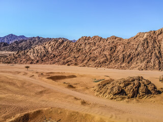 Strange stone mountains in the Sinai desert near Sharm El Sheikh, Egypt. Beautiful desert-mountain panorama