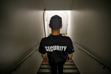 Security guard patrolling on stairs inside commercial building