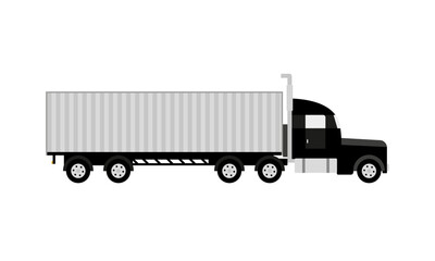 Naklejka na ściany i meble Vector image of a large truck with a van on a white background. A truck with a trailer. Logistics. Transportation of goods on highways. Vector illustration. EPS 10