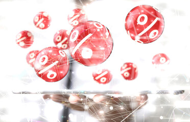 hand touches virtual percent icon