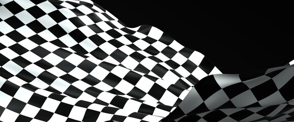 Black and white checkered curved flag or ribbon, sport banner on dark background