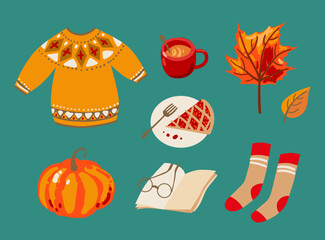 Cute autumn things: sweater, pumpkin, tea, cocoa, cake, socks. Autumn mood. - 521489036