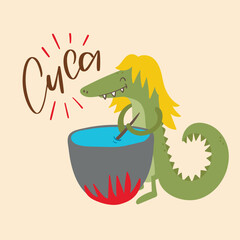 Cuca.  Fantastic alligator Creature of Brazilian Folklore. Brazilian Portuguese Hand Lettering Calligraphy. Vector. Brazilian legends and tales. - obrazy, fototapety, plakaty