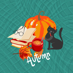 Cute autumn things: sweater, pumpkin, tea, cocoa, cake, socks. Autumn mood. - 521489418