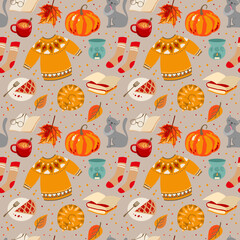 Cute autumn things: sweater, pumpkin, tea, cocoa, cake, socks. Autumn mood. - 521489481