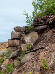 Ruined old wooden structure in post apocalyptic landscape Falu Copper Mine World Heritage Sweden
