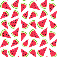 Funny seamless pattern with colorful watermelon pieces. Red, pink and green colors. Positive summer mood. Endless design. Print for textile, clothes, gift wrap, cards, design and decor. 