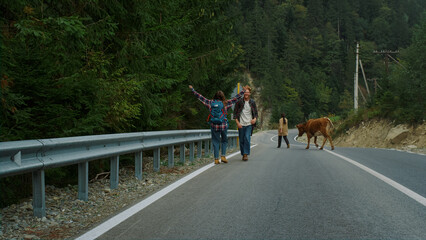 Hitchhikers trekking mountains highway at summer. Couple catch car on roadside.