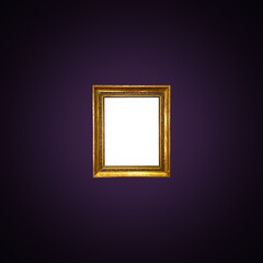 Antique art fair gallery frame on royal purple wall at auction house or museum exhibition, blank...