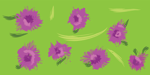 Beautiful greeting card with bright purple flowers on a green background. Hand drawn flowers. Summer elegant drawing. Template for paper, textile,wallpaper,background.
