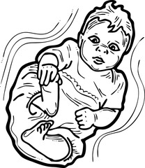 Fototapeta premium Baby laying, moving arms and legs. Nice dressed little child. New family member. Hand drawn illustration for event celebration design, postcard, invitation or poster. Cartoon character vector drawing.