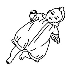 Baby laying, moving arms and legs. Nice dressed little child. New family member. Hand drawn illustration for event celebration design, postcard, invitation or poster. Cartoon style character drawing.