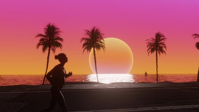 Young female running along the ocean side of the road with coconut palm trees in sunset. 3d Synthwave animated background. Seamless loop.