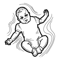 Baby laying, moving arms and legs. Nice dressed little child. New family member. Hand drawn illustration for event celebration design, postcard, invitation or poster. Cartoon style character drawing.